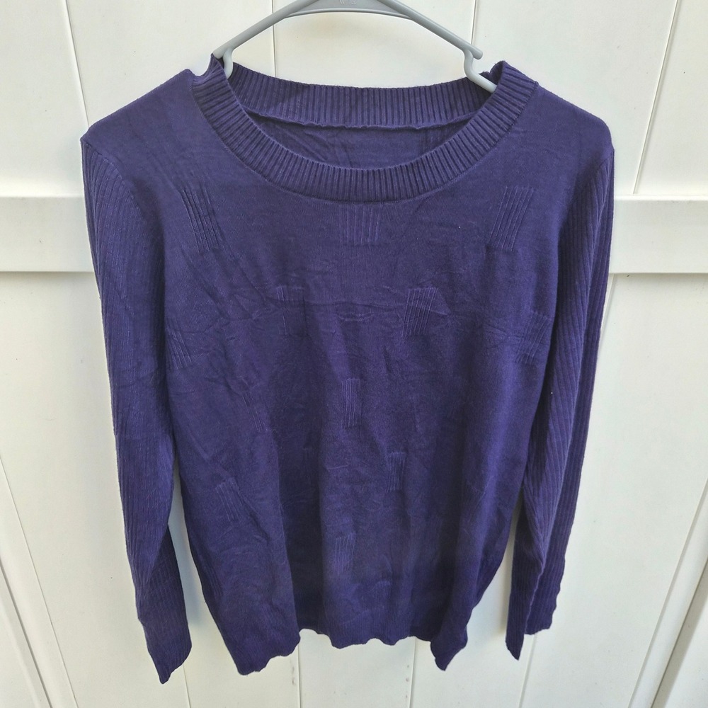 AKEWEI Blue Knit Crewneck Sweater with Gold Button Cuffs Preppy Academic Classic